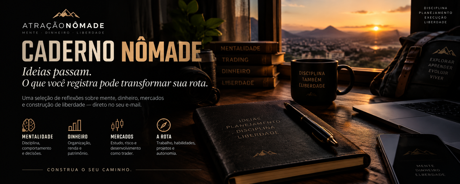 Caderno Nômade com conteúdos sobre mentalidade, dinheiro, mercados e liberdade | Atração Nômade